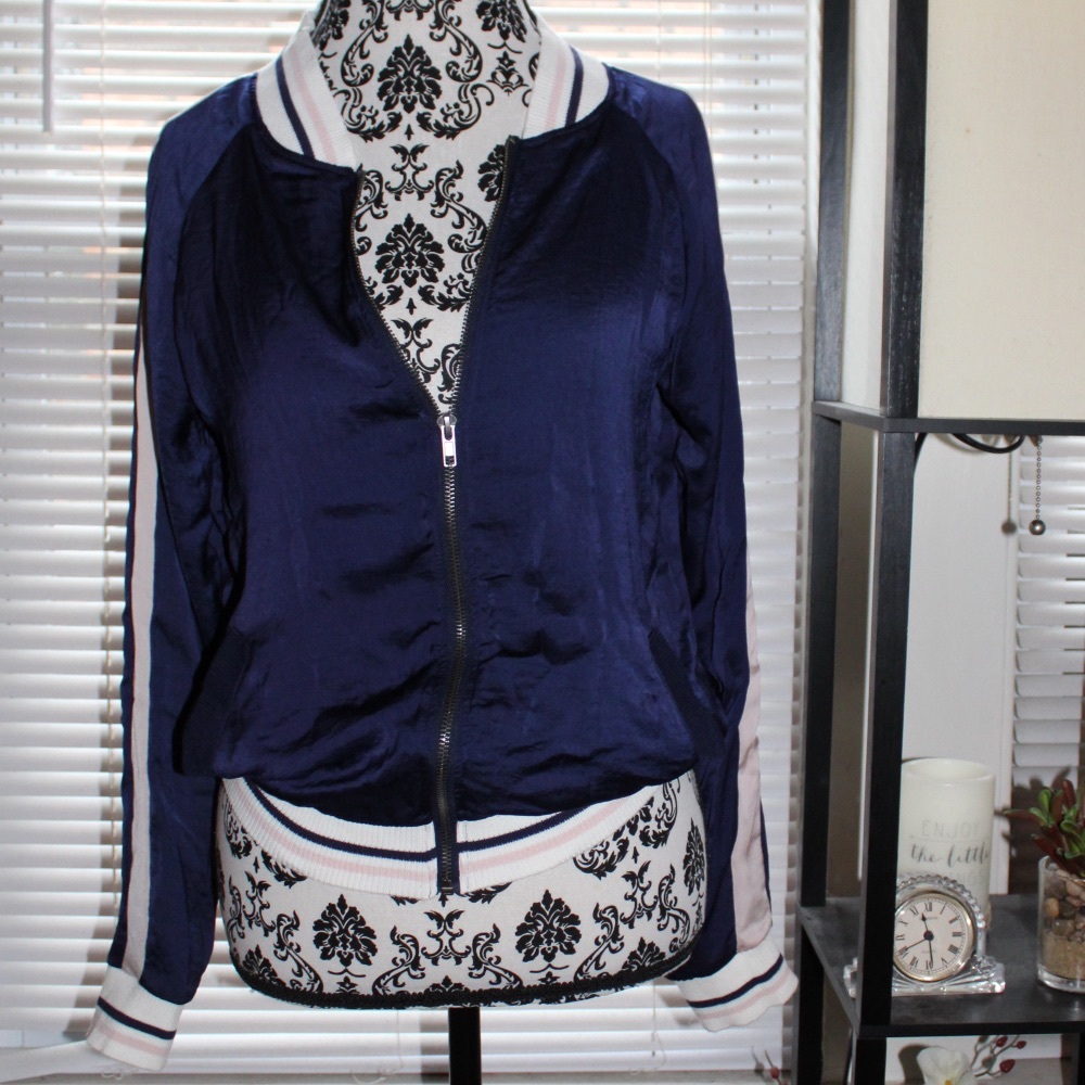 Navy Blue Satin Varsity Jacket w/ Floral design